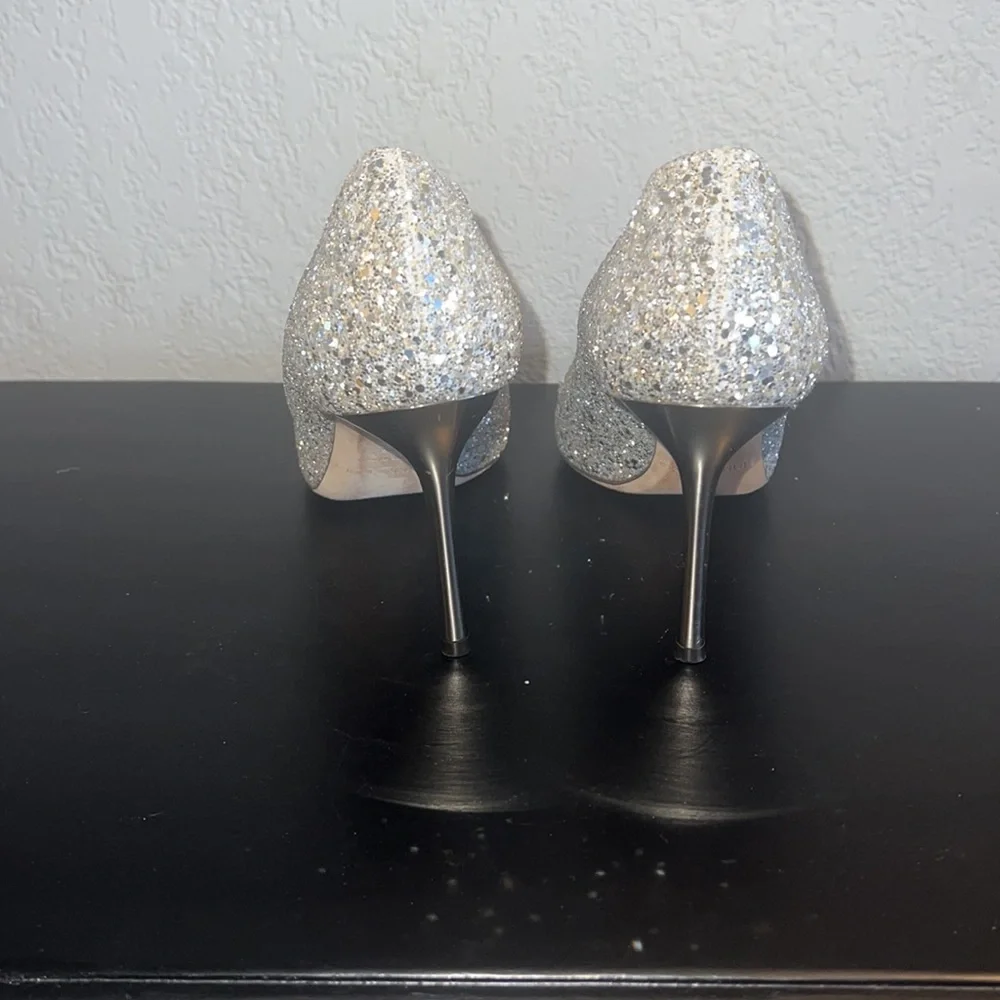 Jimmy Choi Authentic Silver Coarse Glitter Romy 85 Heels - Picture 7 of 9